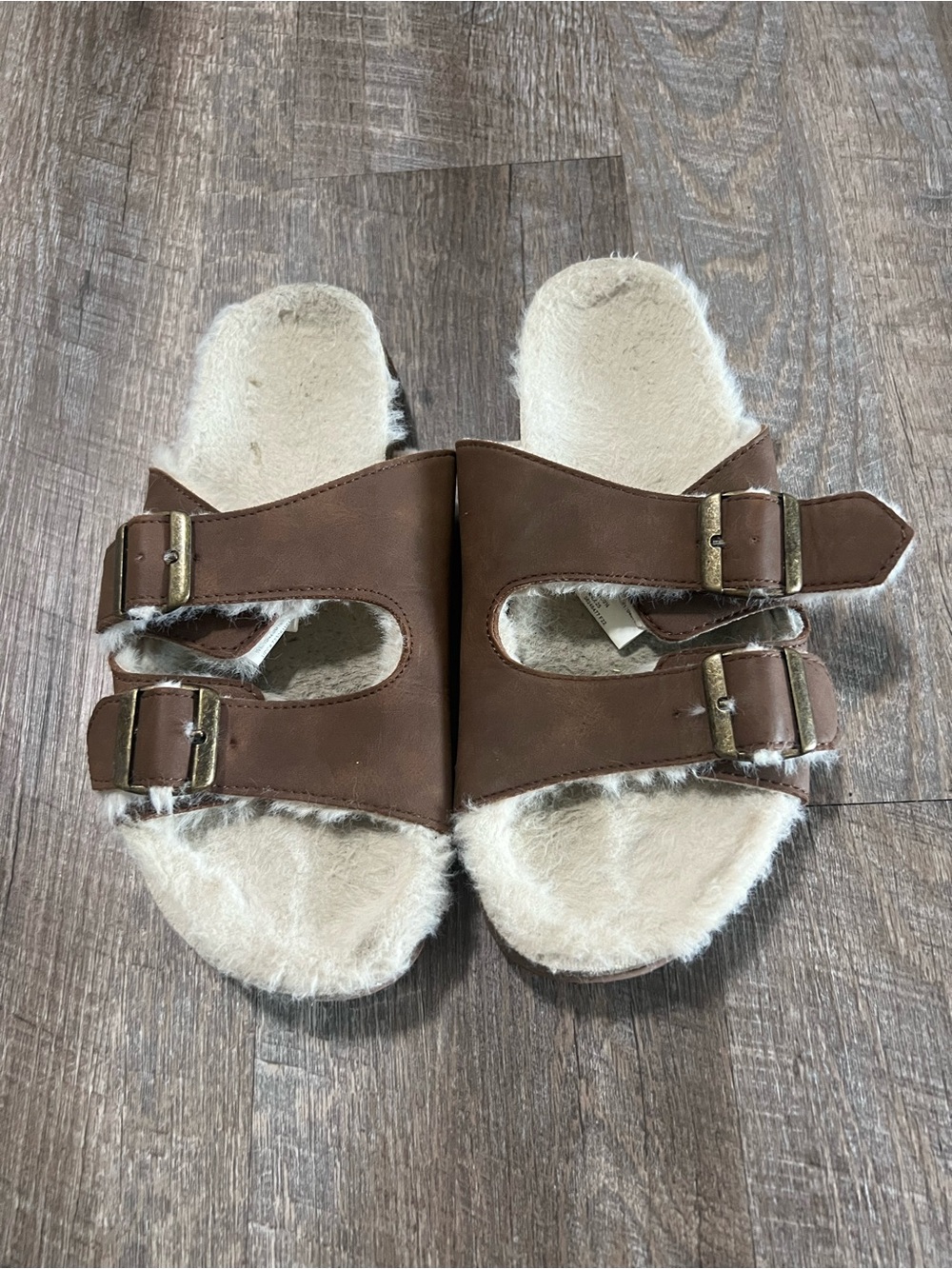 Faux Fur Lined Double Buckle Slide Sandals